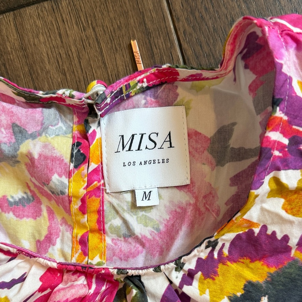 MISA Los Angeles Pink Floral Ikat Puff Sleeve Mini Shift Dress Womens Size M c11 - Picture 3 of 7